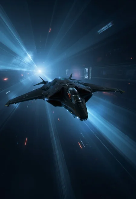 in the style of ck-sfc, in the style of ck-sfc,, photorealistic highly detailed image of stealth fighter spaceship, sleek and wedge-shaped, reflective surfaces, flying through hyperspace