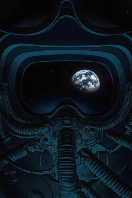juangimenez1 illustration. An astronaut's helmet with Earth reflected in the visor. The helmet has multiple tubes and mechanical components. The background is dark and space-like. <lora:juangimenez1_cap_d8a4e12:1.0><lora:857646959303901523:0>
