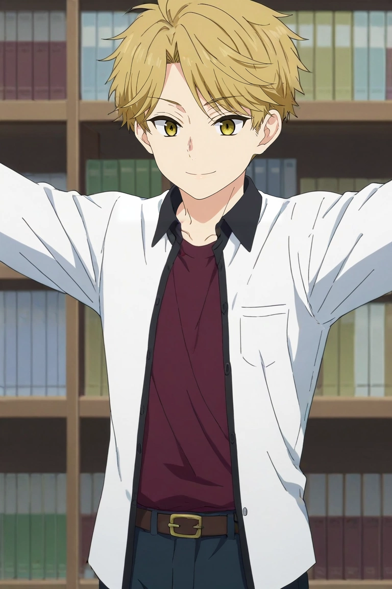 score_9, score_8_up, score_7_up, source_anime, rating_safe, intricate details, anime screencap, , official style, , depth of field, 1boy, solo, male focus, <lora:yuuma_nikaidou_pony:0.82>, yuuma_nikaidou, blonde hair, yellow eyes, short hair, straight-on, library, books, midnight, spread arms, naughty smile, , <lora:sdxl_lightning_8step_lora:1>