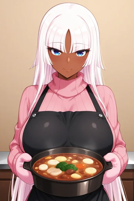 <lora:B07KFDX49H_ilxl:1> masterpiece, best quality, B07KFDX49H_ilxl, 1girl, solo, pink sweater, dark-skinned female, mature female, standing, black apron, mittens, holding stew in pot , smile, looking at viewer,