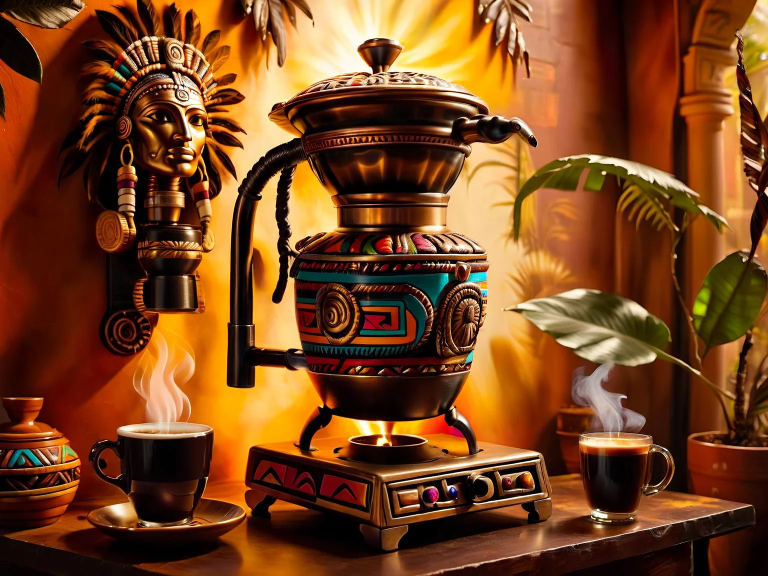 <lora:CulturePunkAI_1Pruned:.9> TotemPunkAI Maya coffee machine (Highly detailed, amazing tribal setting), (Impressive lighting), (Colorful, Ultra Realistic, High quality, Highly detailed, Sharp focus, 8K UHD, Art photography), (trending on artstation)