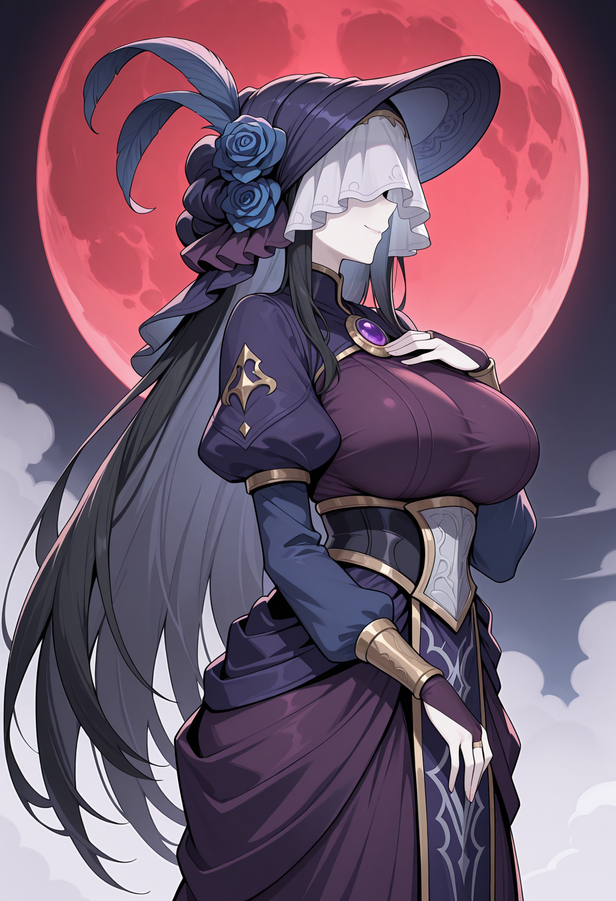 night sky, fog, red moon, full moon,celestegbf, black hair, very long hair, pale skin, large breasts,dark purple dress, blue sleeves, covered eyes, hat, hat feather, veil, blue rose, brooch, jewelry, puffy long sleeves, bridal gauntlets, long dress, tabard,smile, from side, hand on own chest, standing, <lora:_celeste_granblue-elesico-ilxl-000012:1> cowboy shot, highres, best quality, masterpiece,
1girl, solo,