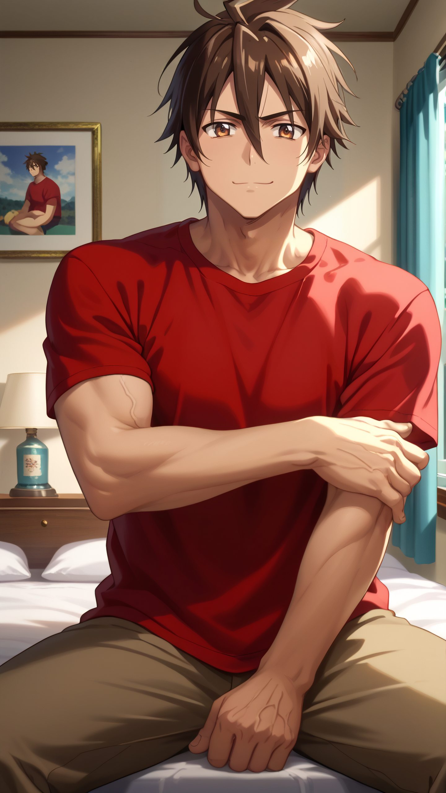 score_9, score_8_up, score_7_up, mature male, looking at viewer, cowboy shot, 
<lora:Takashi_Komuro_Dwnsty:1>, takashi_komuro, brown hair, brown eyes, hair between eyes, short hair, red shirt, biceps, flexing, hand on own arm, 
exhausted, relief, smirk, 
indoors, bedroom, on bed, sitting, relaxing, reclined,