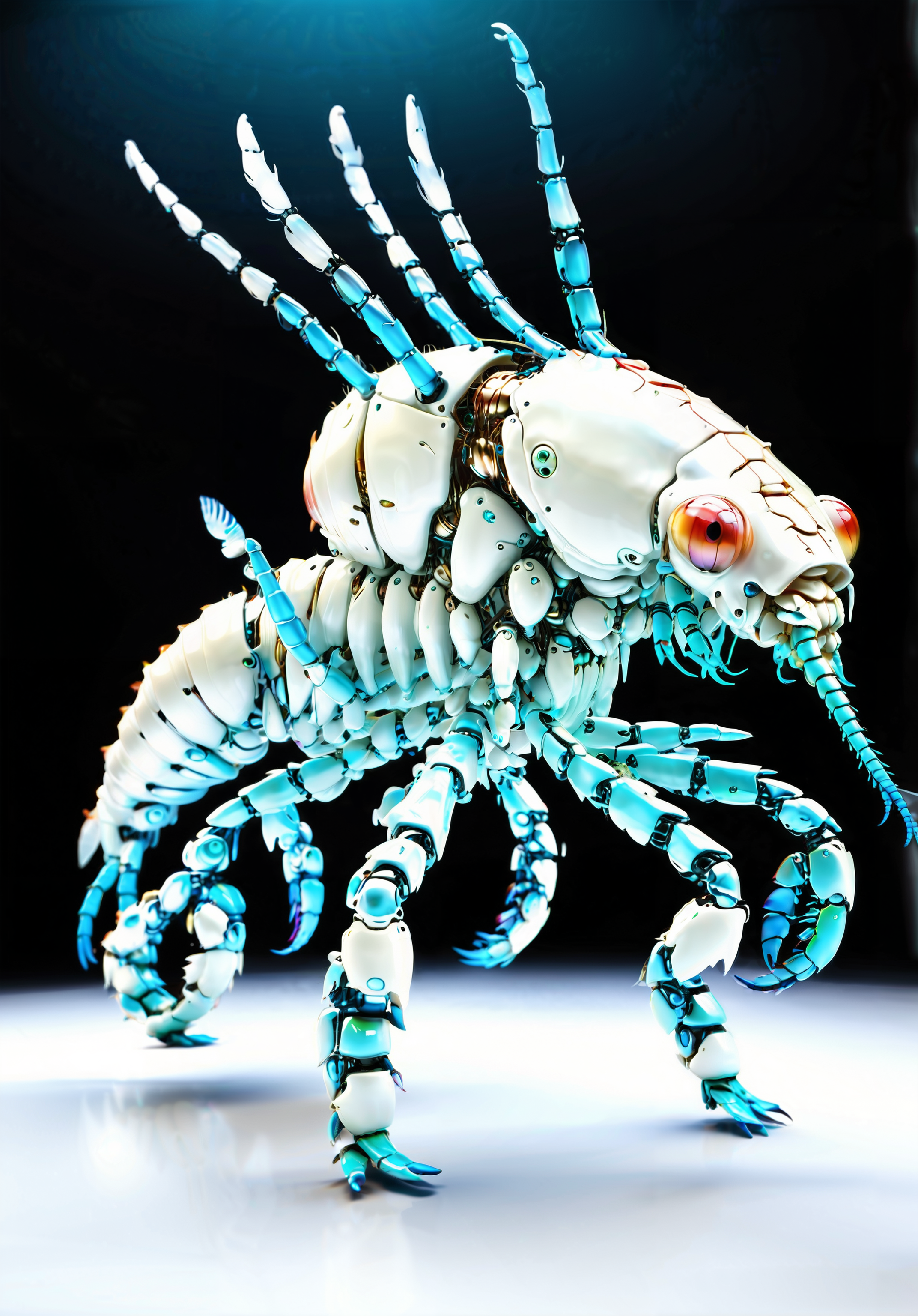 Robot Mantis Shrimp, iridescent wings, lightweight frame, multifaceted eyes, bio-inspired design, solar-powered, agile flight, silent operation, micro cameras, obstacle detection, flexible joints, programmable flight patterns, real-time data transmission, wind-resistant, rechargeable micro batteries, UV-resistant coating, adaptive algorithms, stealth mode, weatherproof, high-resolution sensors, collision avoidance system, <lora:Robomals:1>,
