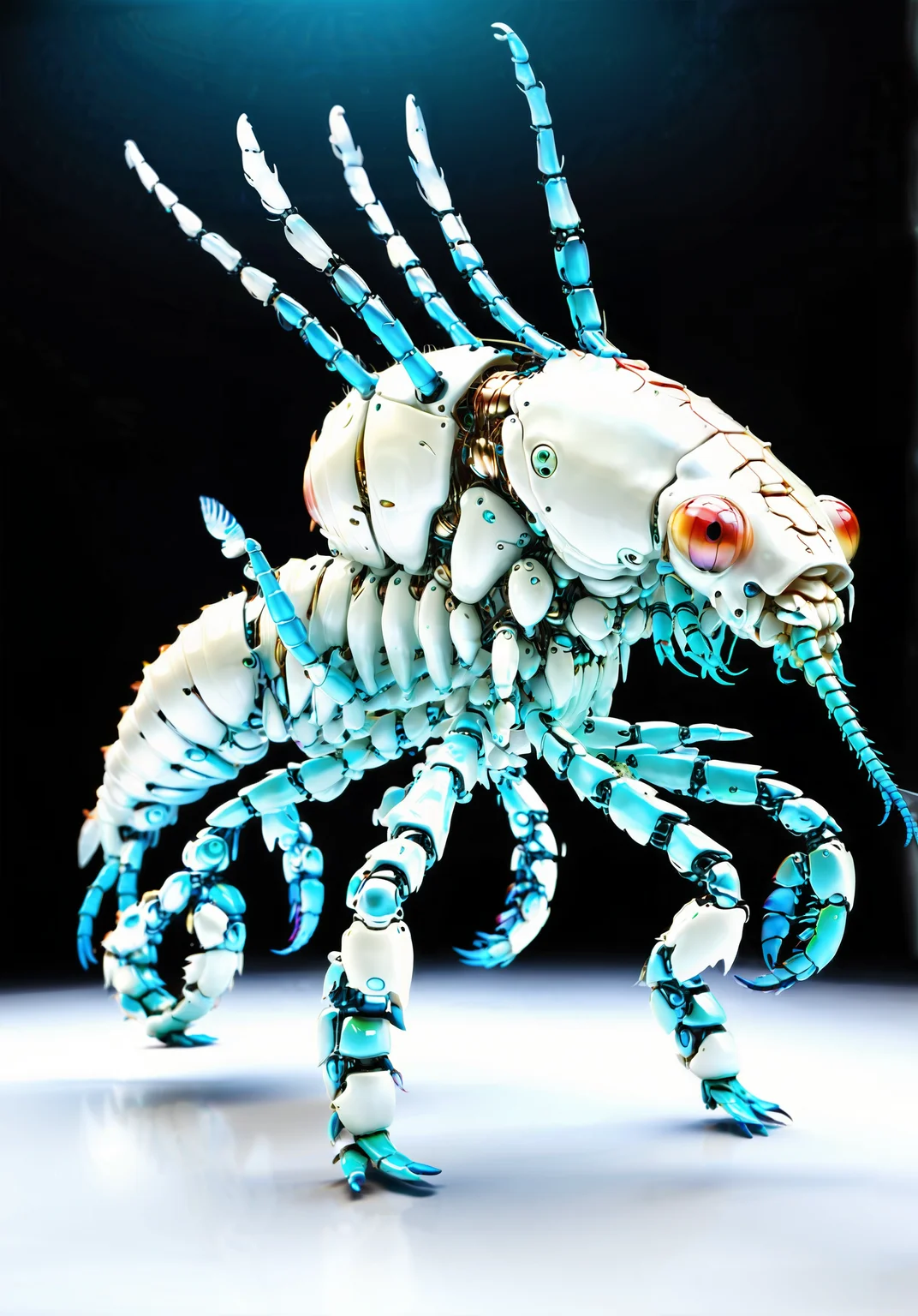 Robot Mantis Shrimp, iridescent wings, lightweight frame, multifaceted eyes, bio-inspired design, solar-powered, agile flight, silent operation, micro cameras, obstacle detection, flexible joints, programmable flight patterns, real-time data transmission, wind-resistant, rechargeable micro batteries, UV-resistant coating, adaptive algorithms, stealth mode, weatherproof, high-resolution sensors, collision avoidance system, <lora:Robomals:1>,