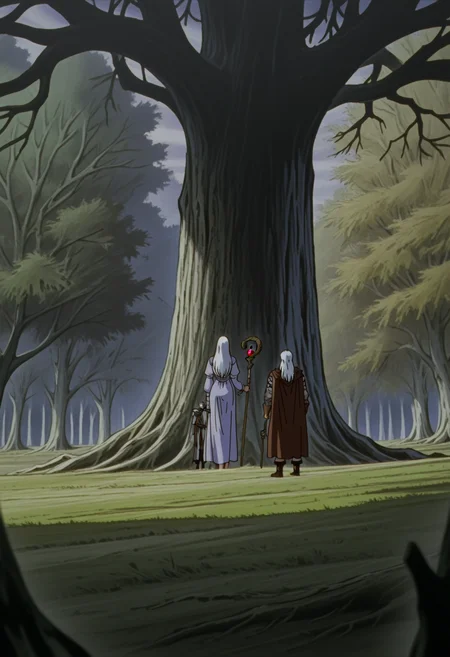 <lora:BerserkILLUSTRIOUS:1> berserk,
outdoors, 1girl, staff, 1boy, white hair, tree, cape, blurry, holding, holding staff, standing, long hair, dress