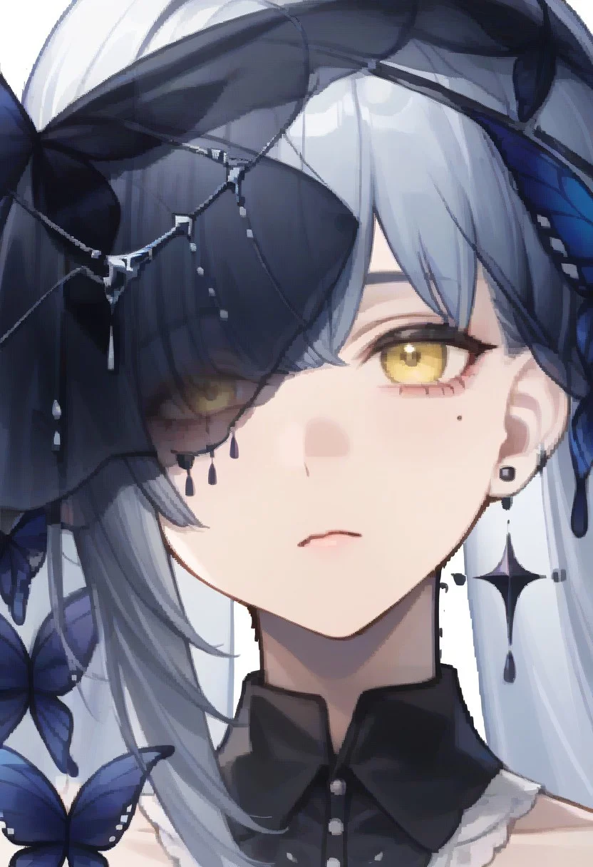 score_9, score_8_up, score_7_up, source_anime, BREAK, close-up, grey hair, yellow eyes, mole under eye, clothonc, veil, one eye covered, butterfly ornament