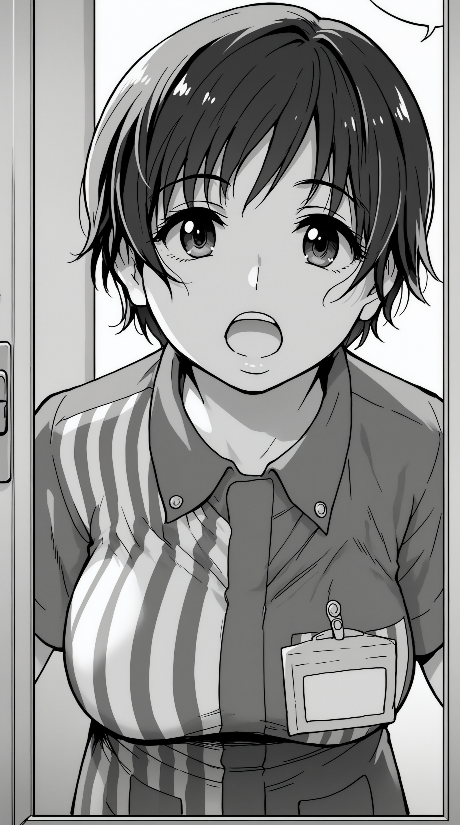 score_9, score_8_up, score_7_up, monochrome, manga_source, best background, detailed background, manga, greyscale, monochrome  Mai, Main Outfit, solo, looking at viewer, open mouth, speech bubble, name tag, peeking out,    <lora:JN_Mai_Pony:0.8>