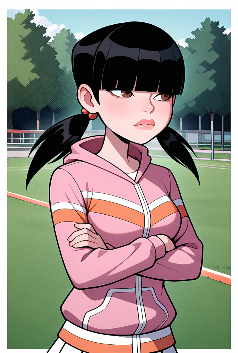 <lora:julieov:1>, julieov, black hair, twintails, 1girl, breasts, low twintails, pink hoodie, blunt bangs, hair ornament, jacket, long sleeves, brown eyes, lips, hair over eyes,, white skirts, expressive, wide face, crossed arms, mad, upset, looking away, public park, avoiding eye contact, upper body, halftone effect, white borders, abstract background:1.2,, masterpiece, best quality, amazing quality, very aesthetic, absurdres, newest,