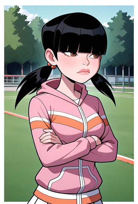 <lora:julieov:1>, julieov, black hair, twintails, 1girl, breasts, low twintails, pink hoodie, blunt bangs, hair ornament, jacket, long sleeves, brown eyes, lips, hair over eyes,, white skirts, expressive, wide face, crossed arms, mad, upset, looking away, public park, avoiding eye contact, upper body, halftone effect, white borders, abstract background:1.2,, masterpiece, best quality, amazing quality, very aesthetic, absurdres, newest,