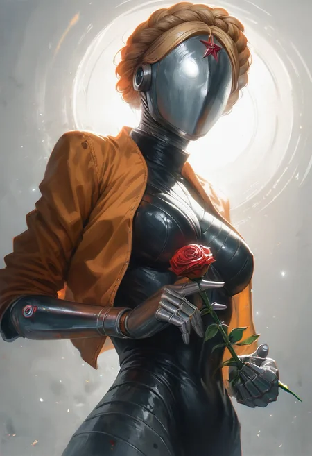Score_9, score_8_up, score_7_up, realisic art style, macro view, photorealism, 1girl, close-up, wide angle, skin detail, side view, dynamic lighting, dramatic lighting,
TheTwinsSDXL, medium breasts, black metallic skin, helmet, yellow jacket, slim, blonde, (faceless:1.0), robot, (holding black metallic rose), (holding rose)