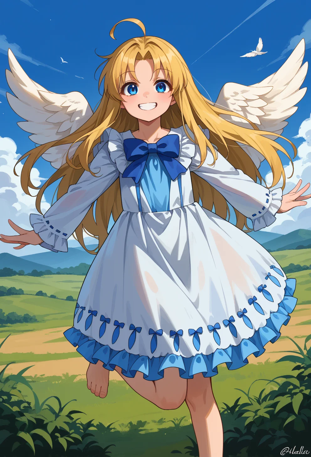 score_9, score_7_up, source_anime, BREAK solo, smile, standing on one leg, outstretched arms, blue sky, <lora:AEFilo-000009:0.9> AEFilo, blue eyes, blonde hair, ahoge, long hair, white wings, blue bowtie, white dress, frilled dress, frilled sleeves, long sleeves, barefoot,