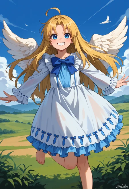score_9, score_7_up, source_anime, BREAK solo, smile, standing on one leg, outstretched arms, blue sky, <lora:AEFilo-000009:0.9> AEFilo, blue eyes, blonde hair, ahoge, long hair, white wings, blue bowtie, white dress, frilled dress, frilled sleeves, long sleeves, barefoot,