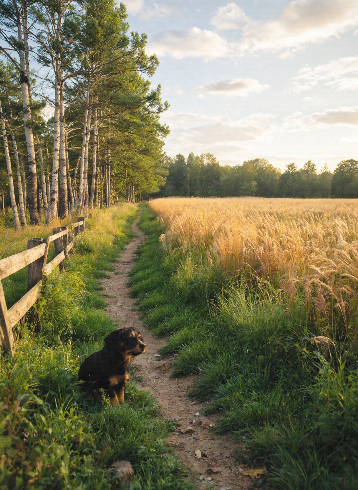 The image depicts a serene countryside scene, likely in the early morning or late afternoon, given the warm, golden light that bathes the landscape. The central focus is a dirt path that curves gently to the left, bordered by a wooden fence on the left side. The fence is made up of horizontal planks supported by vertical posts, and it runs parallel to the path. To the left of the path, there is a small black and tan dog sitting on the grass, gazing towards the path. The dog appears to be a Dachshund, characterized by its long body and short legs. The grass around the dog is lush and green, with some fallen leaves scattered around. On the right side of the path, there is a field of golden wheat that stretches towards the horizon. The wheat is tall and dense, swaying gently in the breeze. Beyond the wheat field, there is a dense forest of tall, slender trees with green foliage. The trees appear to be a mix of birch and pine, with the birch trees having distinctive white bark and green leaves. The sky above is mostly clear with a few soft clouds, and the sunlight creates a warm, inviting atmosphere. The overall scene is peaceful and idyllic, evoking a sense of tranquility and natural beauty.