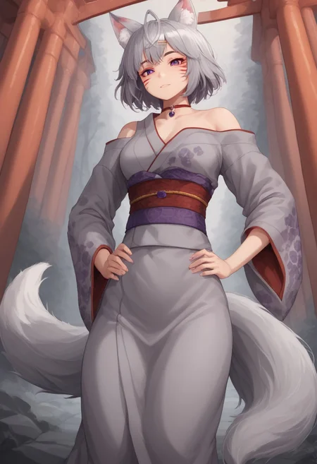 best quality, newest, absurdres, highres, (masterwork, masterpiece, best quality, hyper-detailed :1.3),FlipsieVT, 1girl,fox girl, animal ears, virtual youtuber,fox tail,animal ear fluff,animal ears, fox ears, short hair, grey hair, purple eyes, hair ornament,facial mark,japanese clothes, kimono, sash,obi,torii,Kluclew_Art,arms on waist