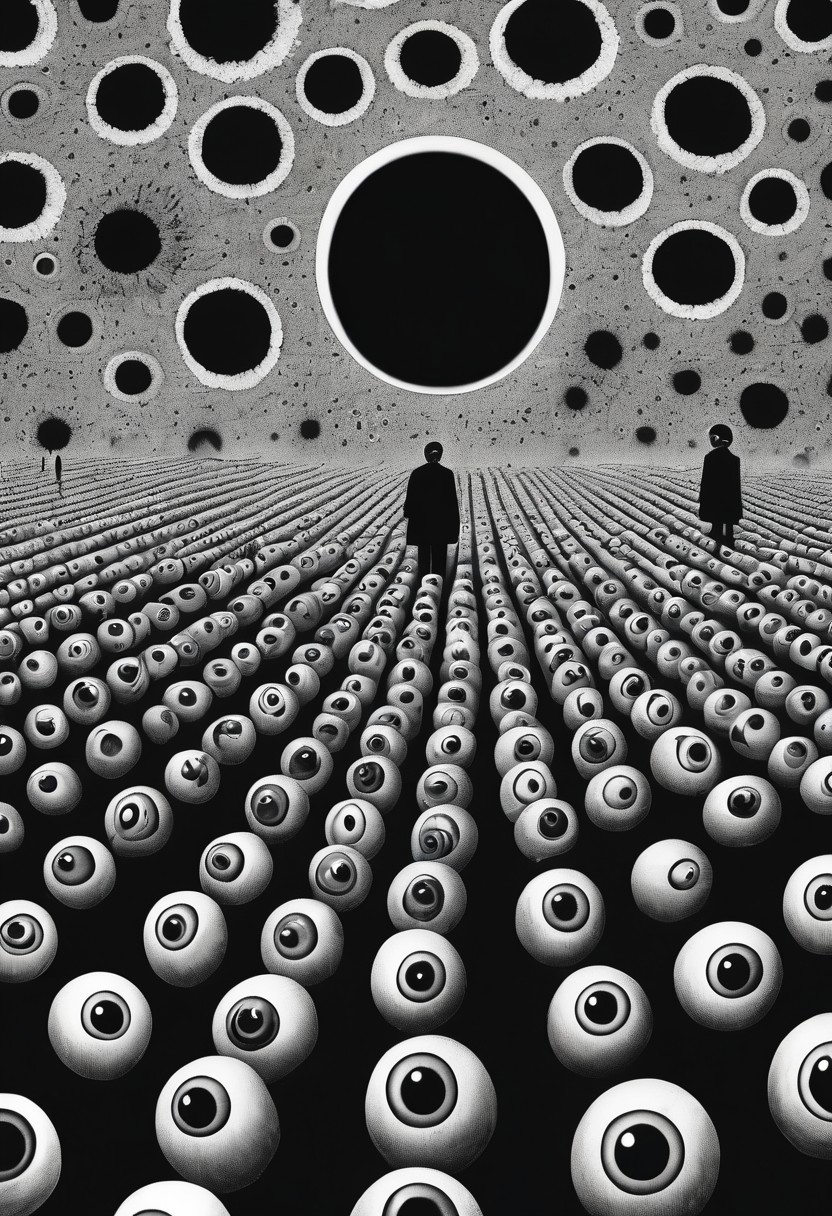 score_9, score_8_up, score_7_up, Surrealism, a background of eyeballs in a black void, 1 man cowering in terror in on ground, suffering from fear, guro, mind broken