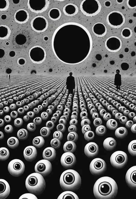 score_9, score_8_up, score_7_up, Surrealism, a background of eyeballs in a black void, 1 man cowering in terror in on ground, suffering from fear, guro, mind broken