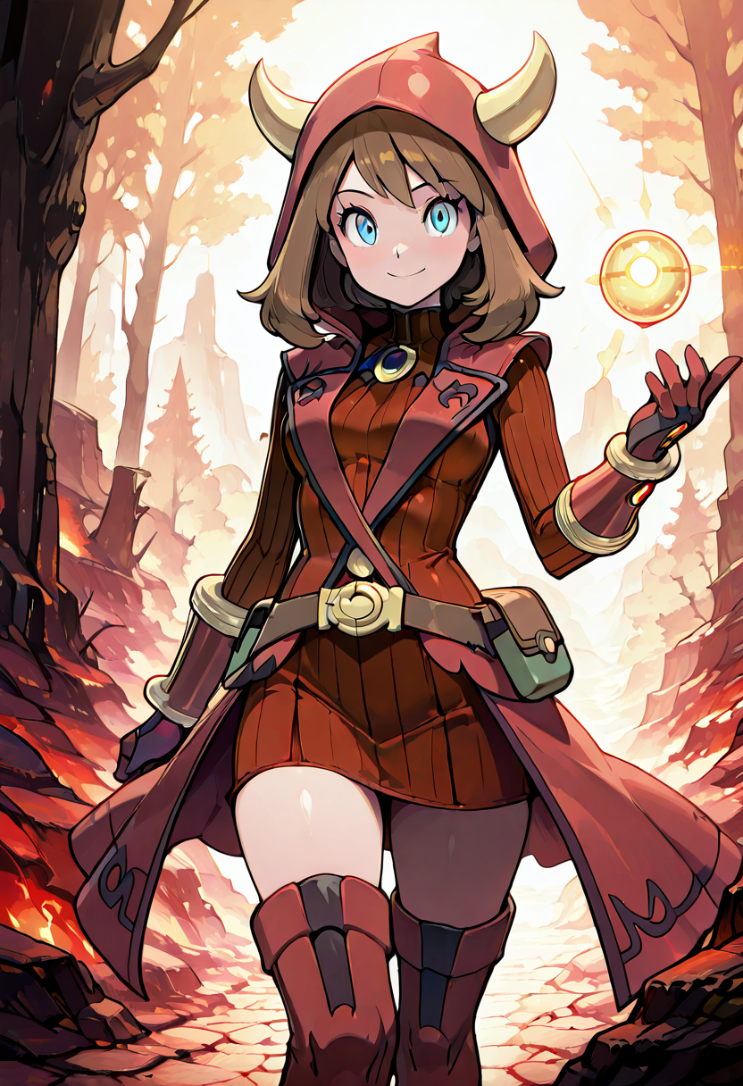 masterpiece, best quality, 1girl, solo, eyelashes, (beautiful eyes), smile, looking at viewer,    zzMayMagCitron, blue eyes, brown hair, medium hair, red dress, red gloves, hood up, fake horns, ribbed dress, thigh-high boots, leather pouch, misty forest, mysterious expression, fantasy mage. In a misty forest clearing, zzMayMagCitron stands with her hood raised, gripping a glowing crystal orb as light filters through the trees.  <lora:MayMagmaPokemonCitron_IXL:1.0>,