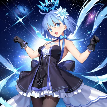 1girl, solo, space_ciel, ahoge, blue eyes, short hair, light blue hair, chest mark, halo, dress, gloves, hair ornament, black gloves, pantyhose, bare shoulders, bow, black dress, ribbon choker, cowboy shot, facing viewer, open mouth, cowboy shot, (paw pose:1.1),
BREAK score_9, score_8_up, score_7_up, masterpiece,
<lora:ciel_summer_fgo:0.8>