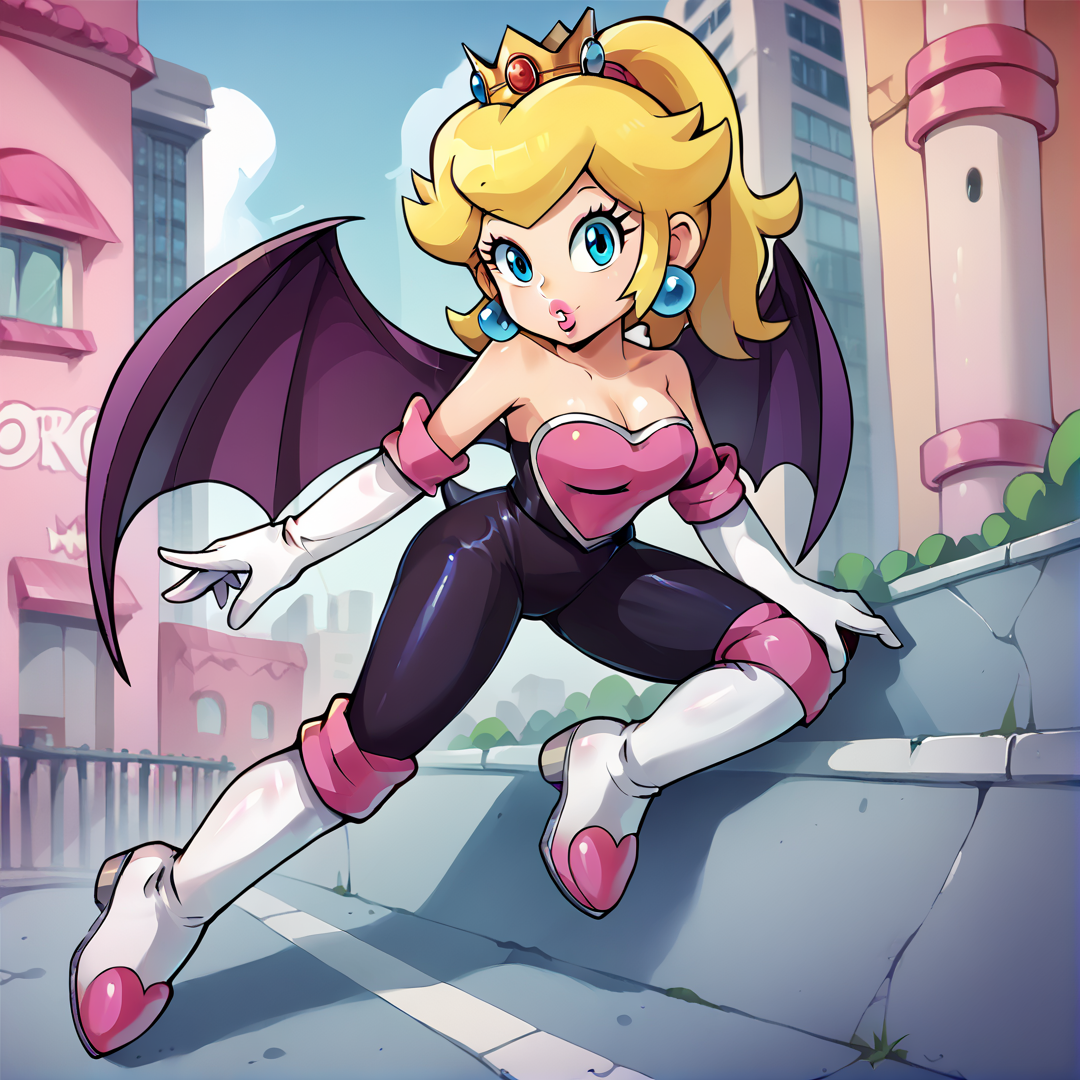 score_9, score_8_up, score_7_up, score_6_up, score_5_up, score_4_up, BREAK, <lora:Rougecosplay:1>, rougecosplay, 1girl, solo, bodysuit, elbow gloves, knee boots, bare shoulders, white gloves, bat wings,  <lora:PrincessPeachXL:0.7>, princess peach, ponytail, parted lips, pink lipstick,  outside, city, posing, detailed background, detailed, blue eyes,