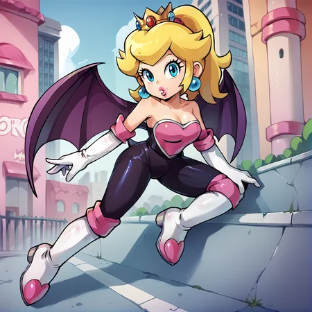 score_9, score_8_up, score_7_up, score_6_up, score_5_up, score_4_up, BREAK, <lora:Rougecosplay:1>, rougecosplay, 1girl, solo, bodysuit, elbow gloves, knee boots, bare shoulders, white gloves, bat wings, <lora:PrincessPeachXL:0.7>, princess peach, ponytail, parted lips, pink lipstick, outside, city, posing, detailed background, detailed, blue eyes,