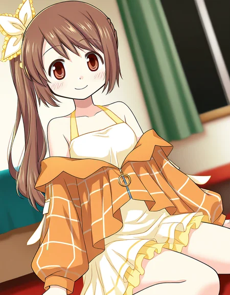 masterpiece, best quality, newest, absurdres, highres, safe, 1girl, yui tsuruno \(roomwear costume\), magia record: mahou shoujo madoka magica gaiden, solo, wariza, indoors, dutch angle, <lora:yui_tsuruno_noobaiXLNAIXL_vPred10Version:0.7>