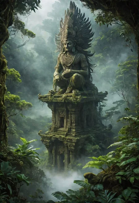 Create an enchanting scene of a mystical ominous figure of man standing amidst a mist-shrouded forest. The man wears elaborate tribal attire, adorned with a magnificent feathered headdress and ornate arm bracers. His eyes exude ancient wisdom, and an aura of mystique surrounds him. The figure is standing in the temple ais-rcn, an overhead shot of a forgotten temple bathed in moonlight, surrounded by overgrown foliage, its once sacred halls now silent and waiting