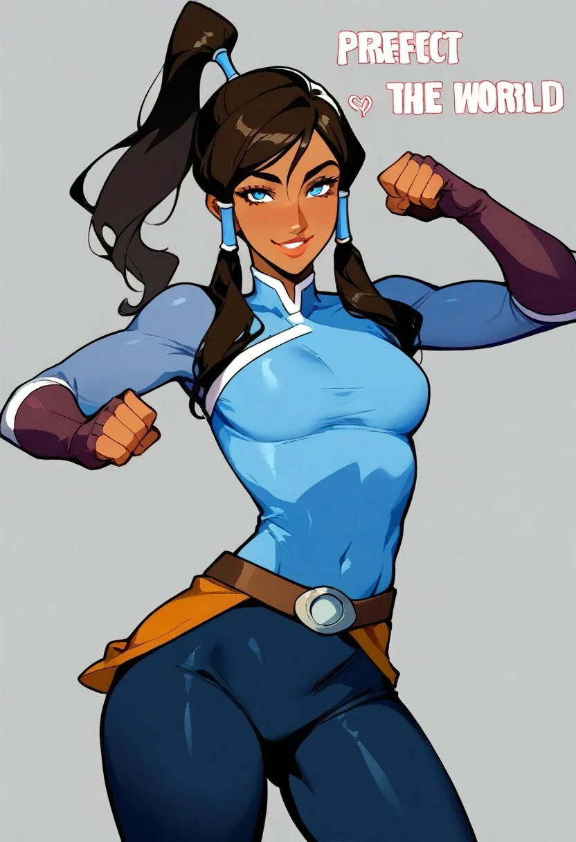4RCH0N, Jabstyle, Expressiveh, Score_9, score_8_up, score_7_up, score_6_up, dynamic pose, KOrra, ,1 young woman, solo, femenine, blue eyes, brown eyelashes, brown hair, long hair, ponytail, dark skin, dark-skinned female, hair tubes, topknot,, tiny waist, perfect waist to hip ratio, flat stomach, eyesHD, detailed eyes, orgasmic look, smile, female focus, perfect face, perfect anatomy, perfect legs, detailed eyes, high definition eyes, most erotic picture in the world, medium breasts, firm breasts, (intricate detailing:1.6 faces & eyes & ears & nose & lips & skin & curves & shapes & body parts & anatomy),(wearing: bodysuit, red gloves, belt), sexy, (seductive-pose:1.4), shikairo days dance, shikairo days dance (meme), dancing, meme, clenched hands, glowsticks, smile, cowboy shot, blank background, seductive, innocent, sharp, rating_explicit