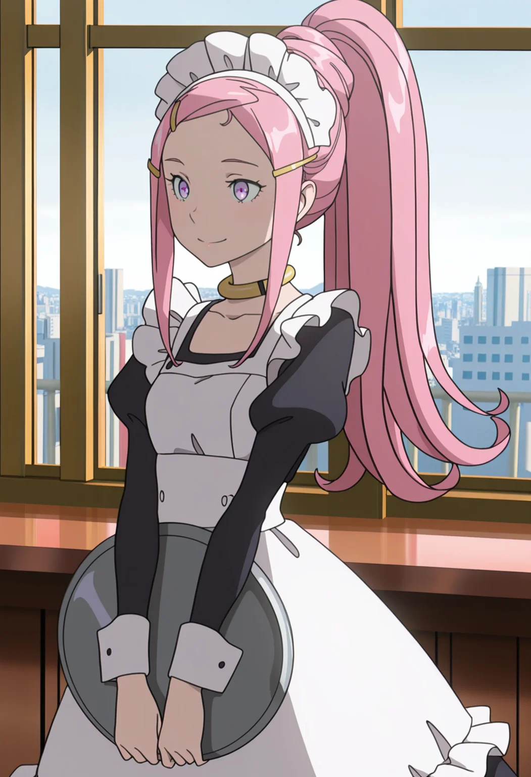 masterpiece, best quality, anime screenshot, anime, 1girl, solo, <lora:Anemone v2 [Illustrious] Eureka Seven:1>, ANES, purple eyes, pink hair, hairclip, sidelocks, ponytail, choker, maid headdress, black dress, maid apron, white apron, juliet sleeves, long dress, holding tray, cafe, indoors, window, city, day, smile,