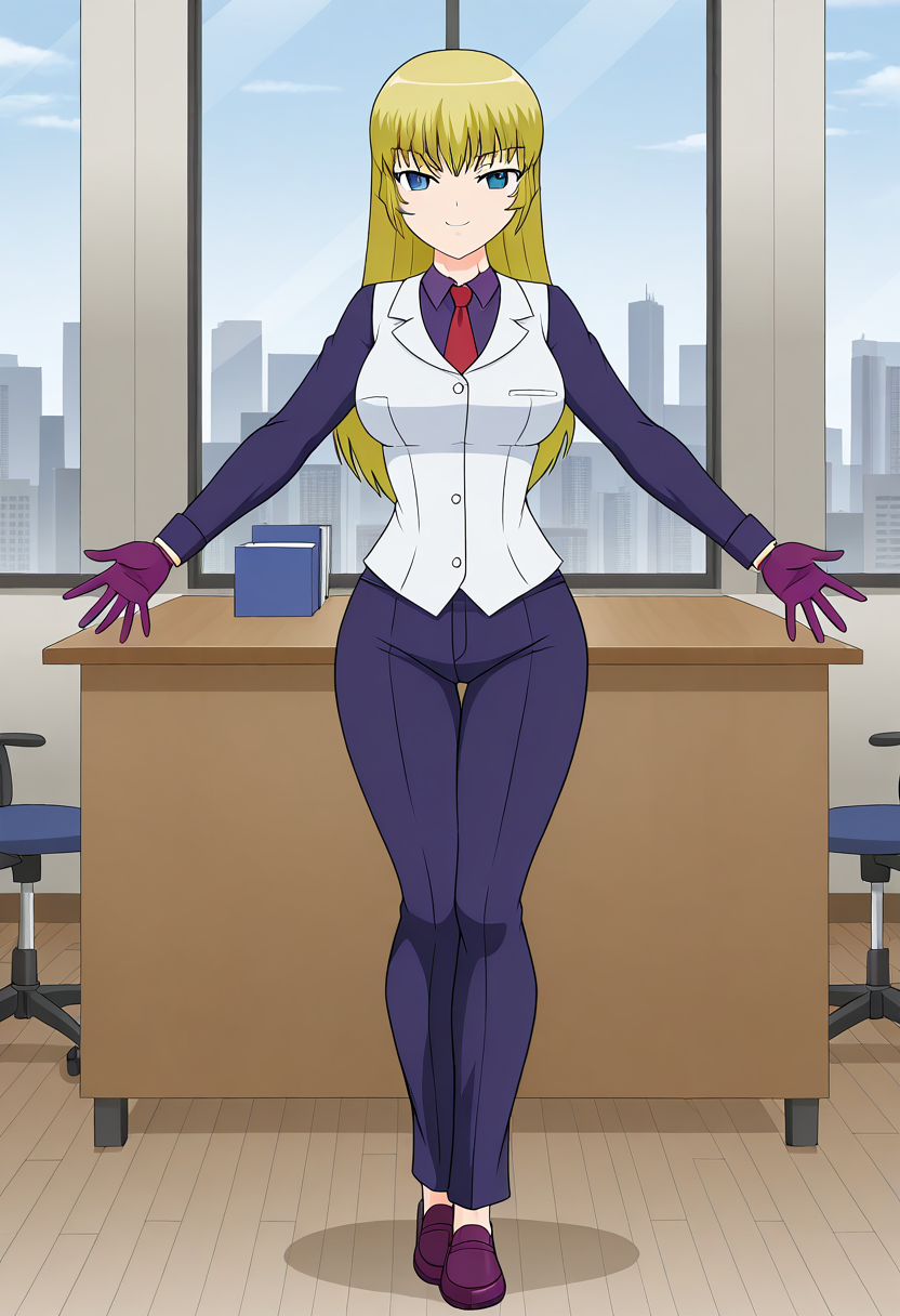 frieezastance, outstretched arms, open hands, legs together, 1girl, solo, ryusenkarenplutocrat, blonde hair, long hair, blue eyes, medium breasts, purple collared shirt, white vest, red necktie, purple pants, business suit, purple gloves, purple shoes, indoors, office, table, window, cityscape, smile, smug, standing, full body,