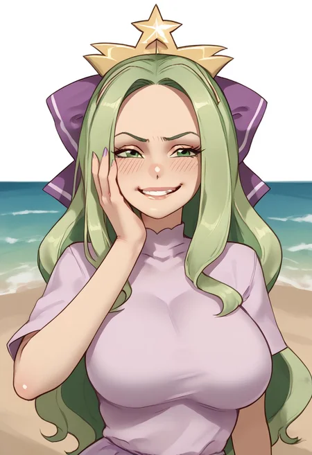 1girl, solo, upper body, long hair, green hair, green eyes, crown, hair bow, purple bow, hair censor, large breasts, hand on hip, hand on own face, smug smile, blush, teeth, lip gloss, beach, ocean, waves, Starbucks Siren