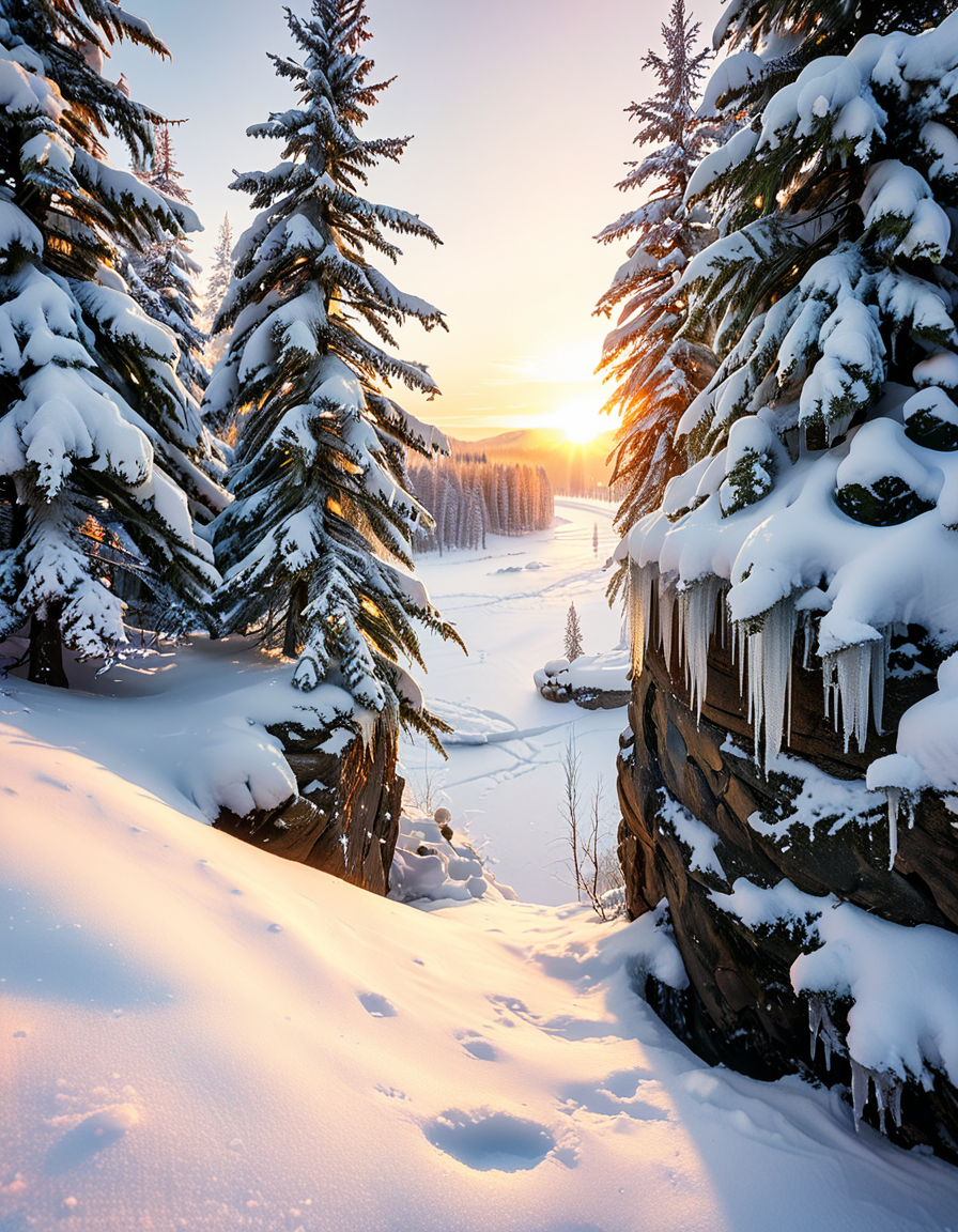 A breathtaking winter wonderland scene at dusk, with a snow-covered forest and a frozen lake reflecting the soft glow of the setting sun. Tall evergreen trees are dusted with fresh snow, their branches heavy and shimmering under the golden and pink hues of the sky. In the distance, a cozy wooden cabin with a smoking chimney emits a warm, inviting light through its frosted windows. The snow-covered ground glistens under delicate fairy lights hanging from tree branches, adding a magical atmosphere. Snowflakes gently fall from the sky, creating a serene and peaceful mood. In the foreground, a wooden bridge covered in snow crosses a small, partially frozen river, adding depth and charm to the composition. The entire scene feels enchanting and nostalgic, evoking the joy and tranquility of winter.
<lora:SDXLFaeTastic2400:0.4> <lora:extremely_detailed:0.4> extremely detailed ,<lora:winter_w0nd3rl4nd:1>,winter w0nd3rl4nd, Masterpiece,best quality,hi res,8k,hi res,8k,award winning,(sharp focus, intricate, highly detailed),