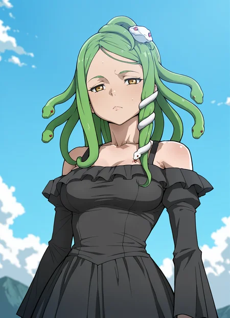 masterpiece, best quality, very aesthetic, absurdres, detailed, detailing, break, ice-place-don style, 1girl, breasts, dress, snake hair