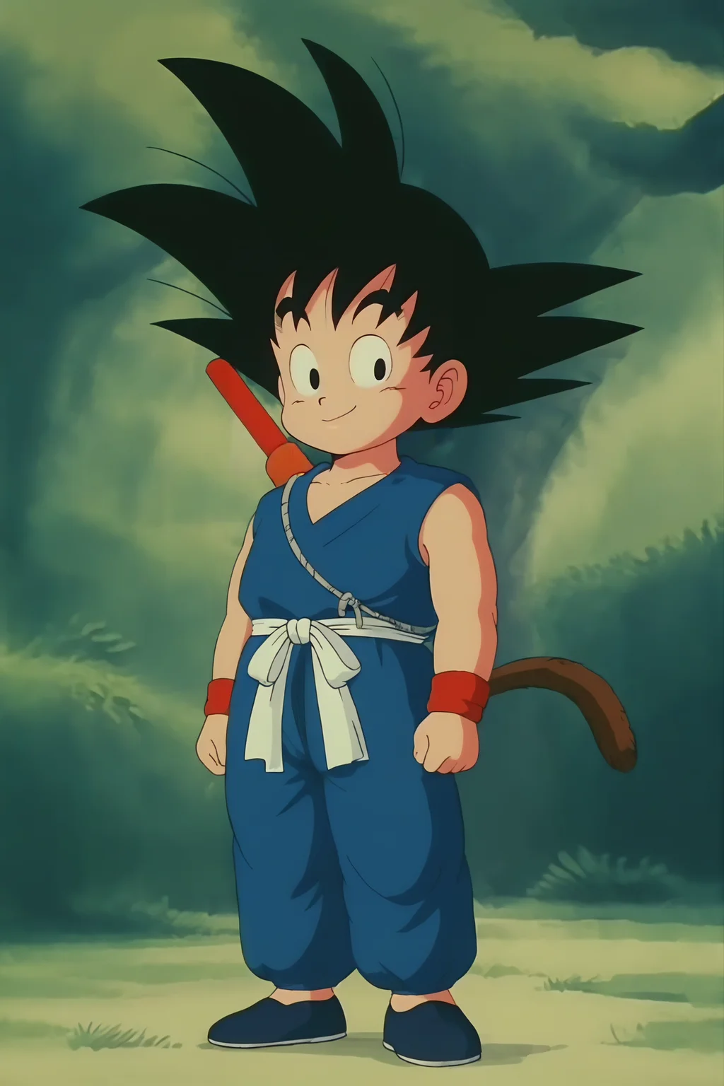 source_anime, score_9, score_8_up, score_7_up, anime screencap,8k, absurd res, son goku, solo, looking at viewer, smile, black hair, 1boy, closed mouth, standing, tail, full body, weapon, male focus, outdoors, black footwear, black eyes, tree, spiked hair, red wristband, nature, clenched hands, forest, arms at sides, dougi, white sash, arms by side, blue topwear, raised eyebrows, monkey tail, blue pants, shoes, male child, nyoibo, weapon on back, chibi, sleeveless
<lora:gokudb_pony_v3:0.8>