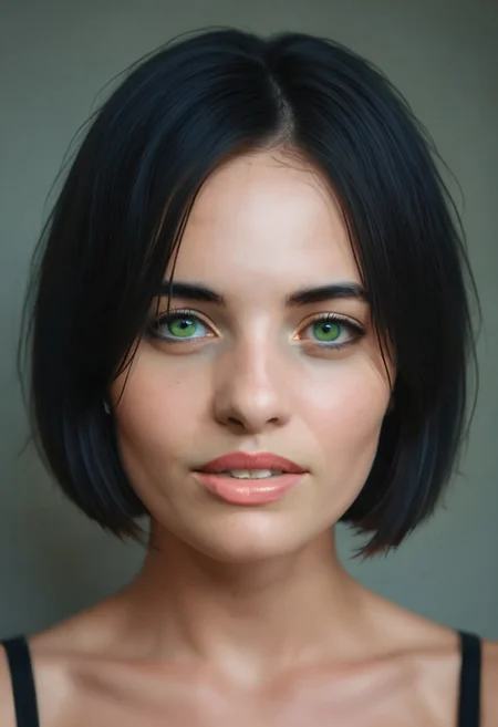 realistic, 42yo girl, short bob black hair, green eyes, UHD, photorealistic, best quality, masterpiece, 16K, cinematic