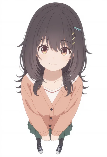 <lora:Mako KAWAI-000038:1>,
Mako KAWAI,solo,pantyhose,skirt,full body,smile,shoes,white background,simple background,looking at viewer,hair ornament,pleated skirt,black pantyhose,sneakers,cardigan,long hair,green skirt,straight-on,long sleeves,closed mouth,shirt,white shirt,collarbone,tachi-e,wariza,from_above