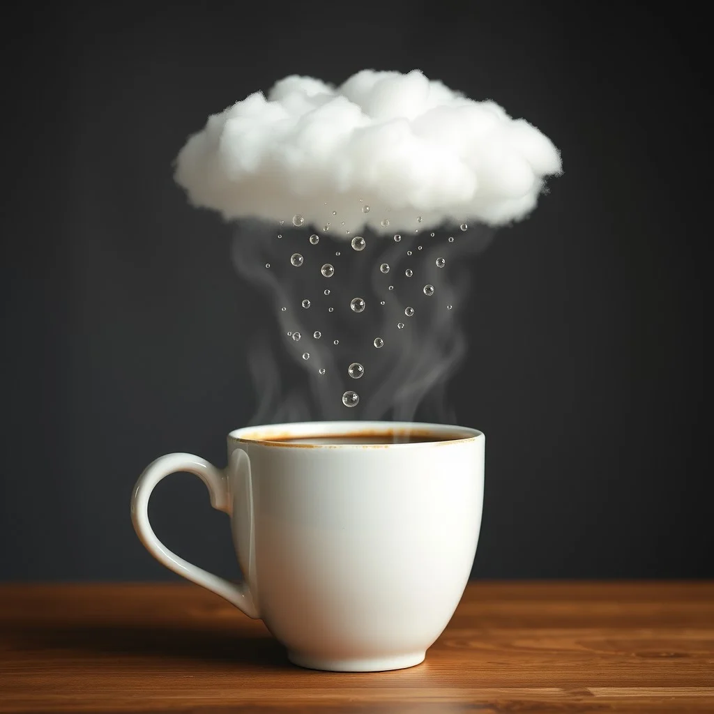 A cup of coffee where the steam forms a cloud, raining tiny droplets back into the cup, in a self-sustaining cycle.