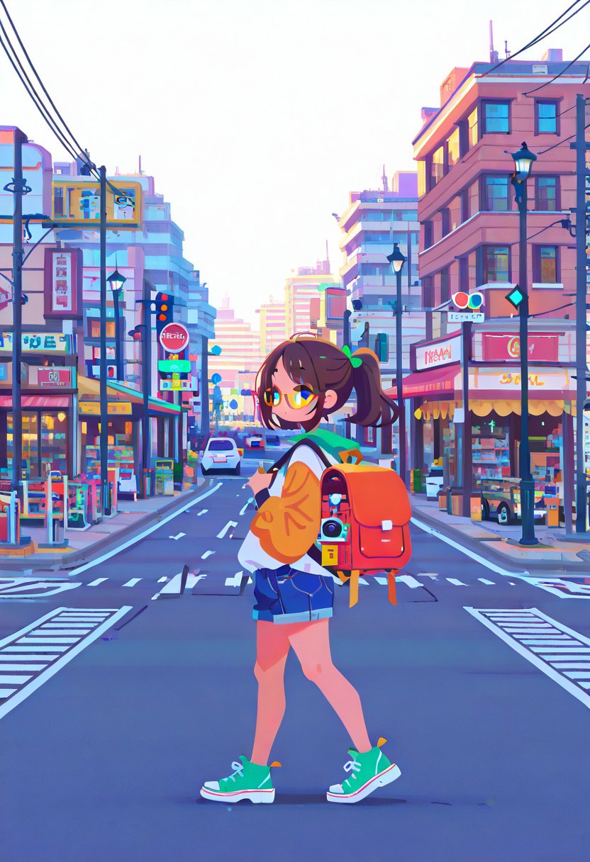 Masterpiece, high quality, ultra-detail, 8K resolution, sharp focus, 2d, (flat color, no lineart, Flatline, Flat vector illustration),
1cute girl, chubby girl, happy,  glasses, green eyes, dark brown hair, no bangs, ponytail,  with a backpack, turist, walking, camera, Japanese Suburbs, shop, scenery, outdoors, road, sign, building, street, road sign, city, power lines, utility pole, traffic light,crosswalk, lamppost, sidewalk, cityscape, side view