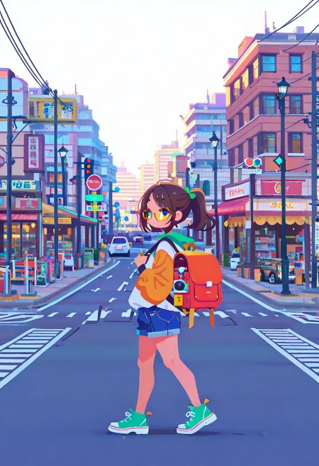 Masterpiece, high quality, ultra-detail, 8K resolution, sharp focus, 2d, (flat color, no lineart, Flatline, Flat vector illustration),
1cute girl, chubby girl, happy,  glasses, green eyes, dark brown hair, no bangs, ponytail,  with a backpack, turist, walking, camera, Japanese Suburbs, shop, scenery, outdoors, road, sign, building, street, road sign, city, power lines, utility pole, traffic light,crosswalk, lamppost, sidewalk, cityscape, side view