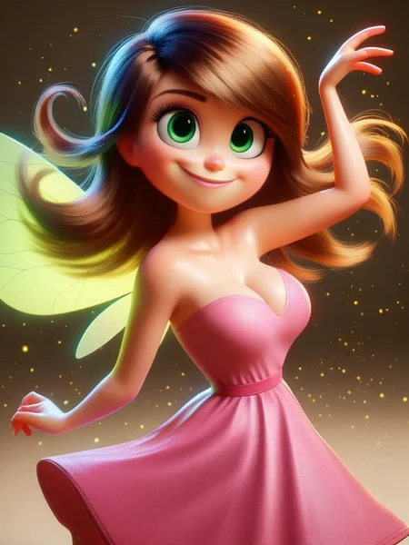 score_9, score_8_up, score_7_up, score_6_up, 1girl, fairy wings, green eyes, brown long hair, pink dress, bare shoulders, sexually suggestive, curvy, large breast, sexy, looking at viewer, cowboy shot, dynamic pose, cute, dutch angle, cleavage, simple background, smile, :D, from above, particles around, from side, arms togother, cute pose,
cartoon, <lora:InsideOutCH_Style:1> InsideOutXLP,