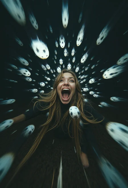 surrealism, portrait, woman screaming, extreme angle camera shot, fish eye lens, lens warping, distortion, bokeh, dark soothing atmosphere, epic, cinematic, floating white symbols in motion blur