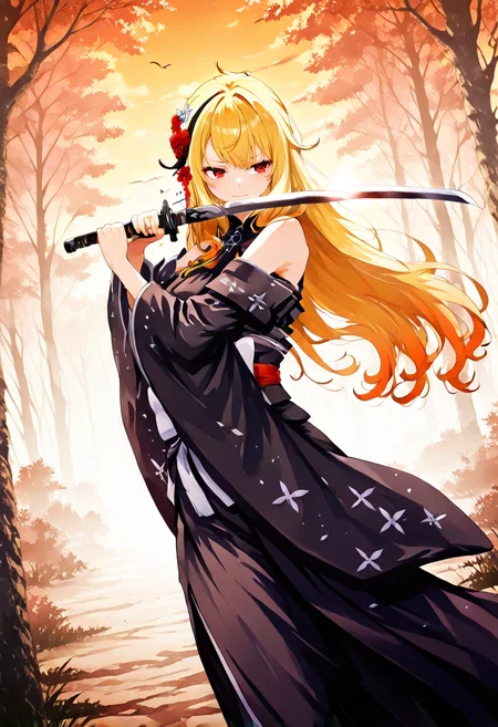 masterpiece,best quality, anime style, key visual, vibrant, studio anime, CG, illustration,
cinematic lighting,natural shadow,highest detail,detailed background,depth of field,insane details,intricate,aesthetic,subsurface scattering,
1girl,aesthetics,InkWashpainting, dynamic angle,
forest, flowers, intricate scenery,, sky, morning light, early morning sky,, birds,
<lora:sword-guard-stance-illustriousxl-lora-nochekaiser:1>, sword guard stance, sword, weapon, solo, katana, holding, holding weapon, holding sword, looking at viewer,
<lora:InkWashpainting:1.5>, finely detailed face, beautiful face,
<lora:kaelaIL:1> kaelaIL, kaelakimono, japanese clothes, black kimono, wide sleeves, hair flower, bare shoulders, long hair,