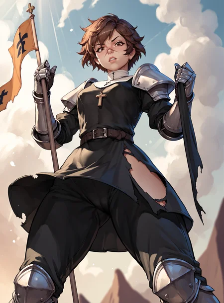 score_9,score_8_up,score_7_up, score_6_up, nun, female, solo, short hair, scar on nose, holding flag, armor, armored dress, greaves, shoulder armor, boobplate, breastplate, belt, faulds, gauntlets, long sleeves, torn clothes, rosary, prayer beads, tomboy, lips, teeth, v-shaped eyebrows, disgusted, pants under skirt, (cameltoe:1.1), pantyshot, clenched teeth, annoyed, sunlight, crepuscular rays, (cloudy:1.3), after battle, upskirt, (low-angle view, dutch angle:1.2), brown hair, blurred background, battlefield, upper body, floating clothes, crotch focus, black pants,