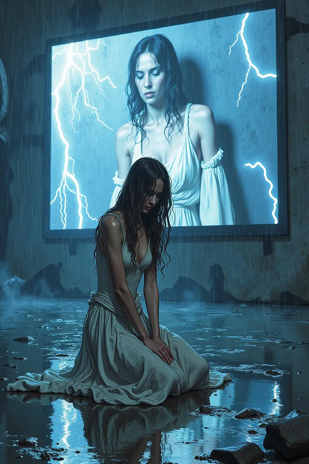 gusdore1 illustration. A woman with long, dark hair, kneeling on a reflective, wet surface under intense artificial rain and lightning. She wears a flowing, sheer, white dress, clinging to her as she gazes forward with an intense, almost sorrowful expression. Behind her, a massive a creen displays a blurred, haunting image of the same woman, layered with flashes of lightning, adding a surreal, dreamlike quality. The atmosphere is intense and moody, with sharp contrasts of light and shadow, giving a mysterious and electrifying effect. <lora:gusdore1_nocap_d4a2e8:1.0><lora:801219513627466010:0>