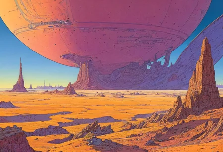 create the most legendary landscape ever created in this world, Moebius art style,