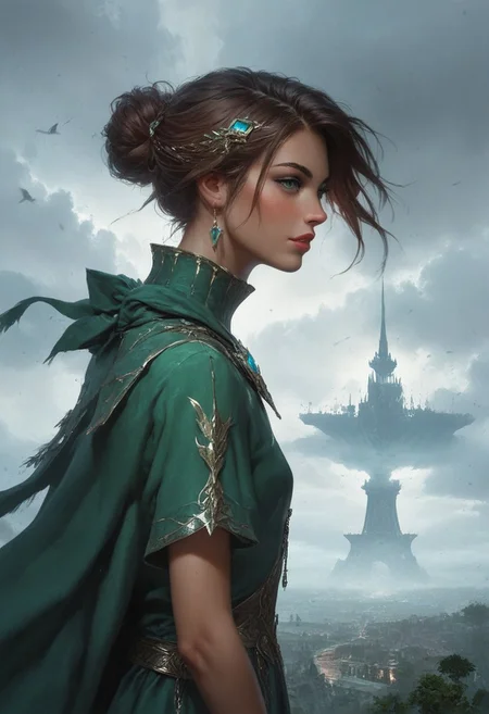 score_9, score_8_up, score_7_up, rating_questionable,  young woman wearing a long green empire style dress , , (masterpiece, best quality, highly detailed, realistic), at the oceanside, Storm, windy, vibrant colors, sideview