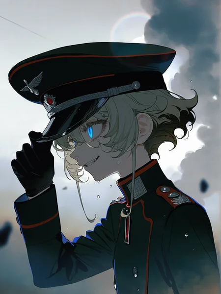 john kafka, diyokama, au (d elete), rella, tianliang duohe fangdongye, rei \(sanbonzakura\), ask \(askzy\),
1girl,
tanya degurechaff, blonde hair, short hair, long bangs, wavy hair, blue eyes, thick eyelashes, frown, evil smile, parted lips, high collar, green overcoat, green shirt, green military hat, black gloves, projectile trail, adjusting headwear,
breathing, steam, face focus, close-up, looking ahead,
sidelighting, cinematic lighting, lens flare, dark blue theme, overcast, cloudy sky, dark sky, depth of field,
grey background, intense raining, water drop, wet, battlefield, embers, smoke, dust, debris,, masterpiece, best quality, amazing quality, very aesthetic, absurdres, best quality, newest,