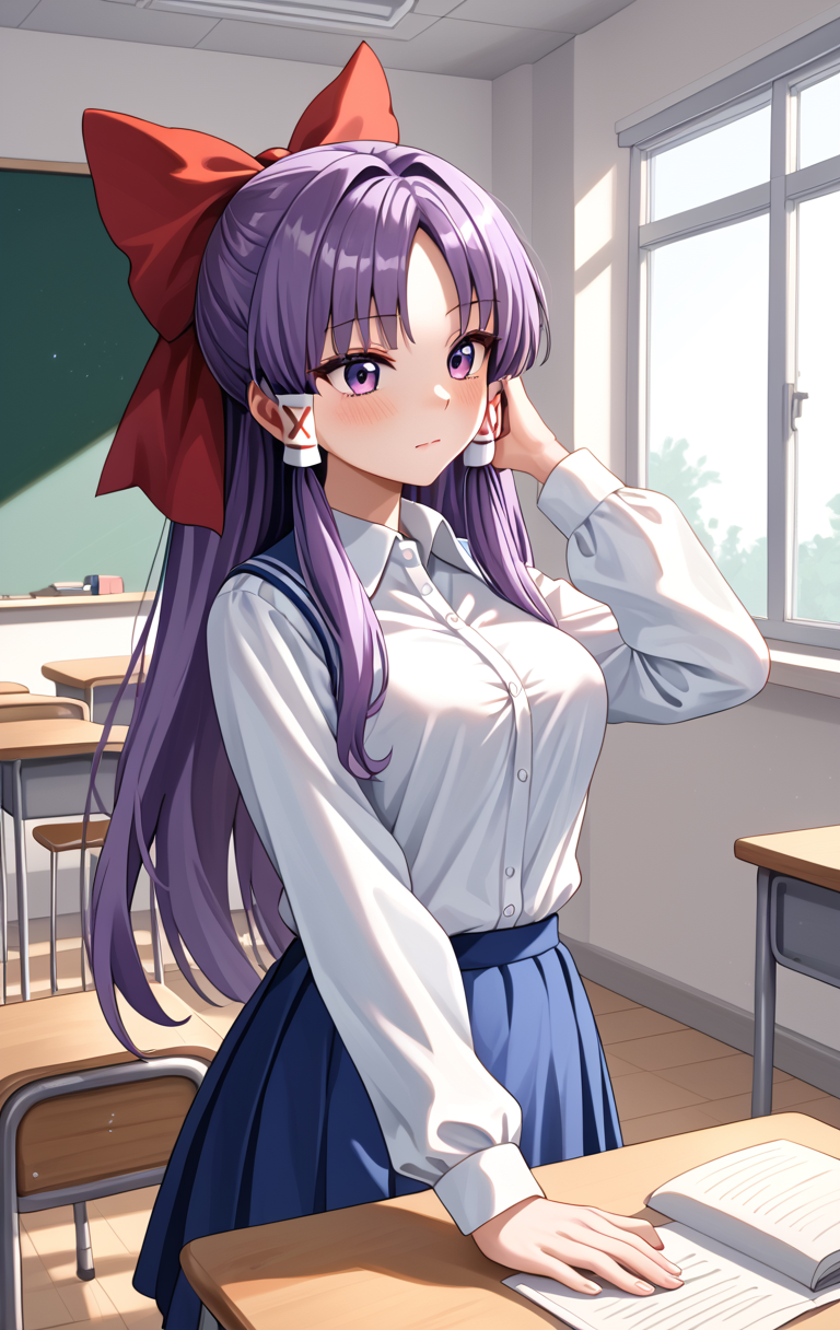 score_9_up, score_8_up, score_7_up, BREAK source_anime, (masterpiece), (best quality), 1girl, solo, hakurei reimu (pc-98), hair bow, purple colored eyes, long hair, red bow, blue skirt, white shirts, classroom, purple hair, hair tubes, long sleeves, one arm on forehead, (ultra detailed), shine, blushed, closed mouth, beautiful, (from side:0.8), (highres, absurdres), <lora:Hakurei_reimu(PC-98)-V1:0.9>