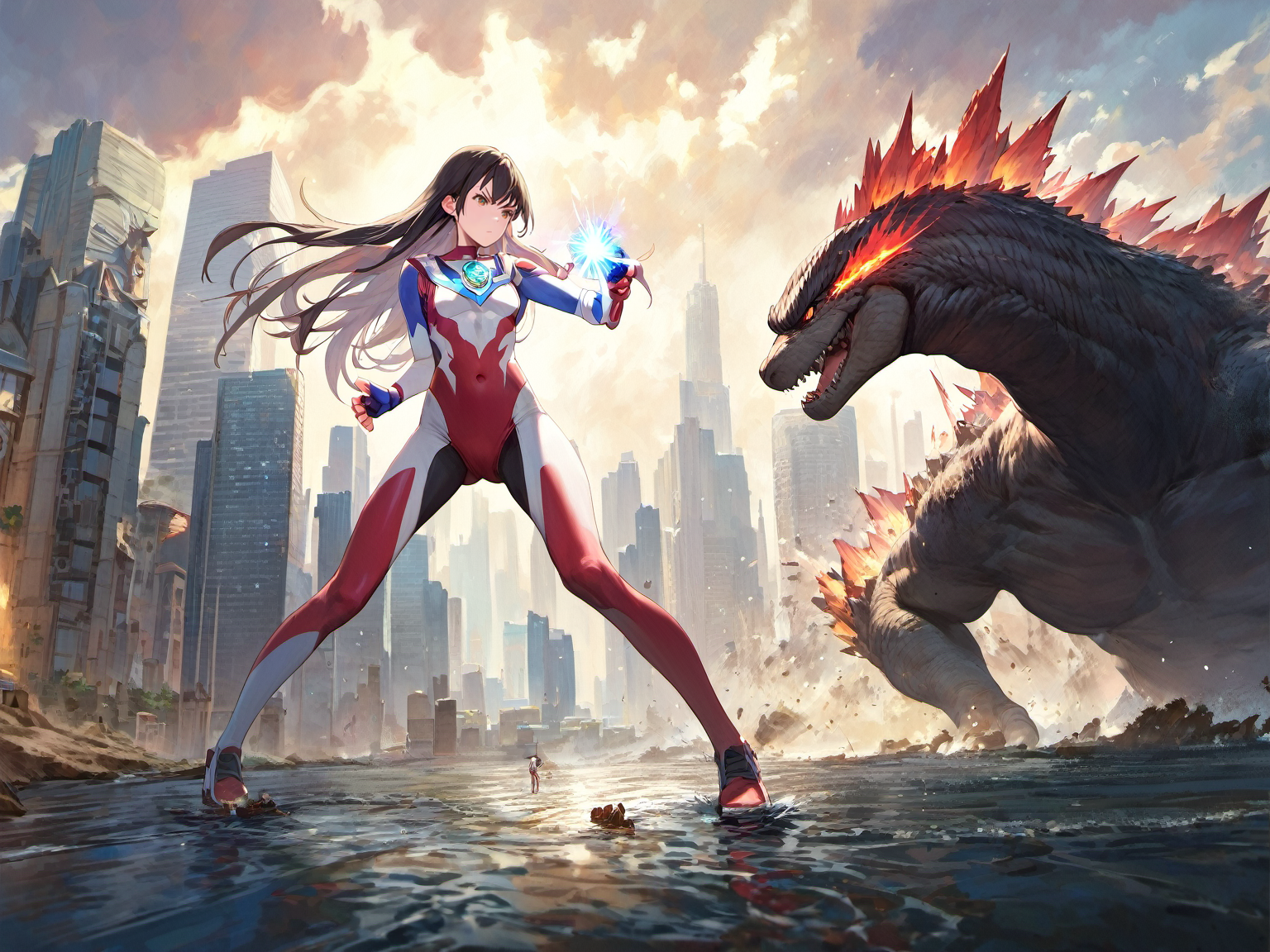 score_9, score_8_up, score_7_up, source_anime, anime artwork, all intricate, extremely detailed wallpaper, best quality, masterpiece, detailed background, buildings, dynamic, cityscape,
ADDCOMM
1girl, ultragirl, giantess, full body, fighting stance, standing, detailed multicolored bodysuit, angry, looking away, energy ball on hand, attacking, gem on girl's chest, detailed face,
ADDCOL
Godzilla attacking, battle with girl
<lora:SDXL_Ultragirl1-pony16-000004:1>