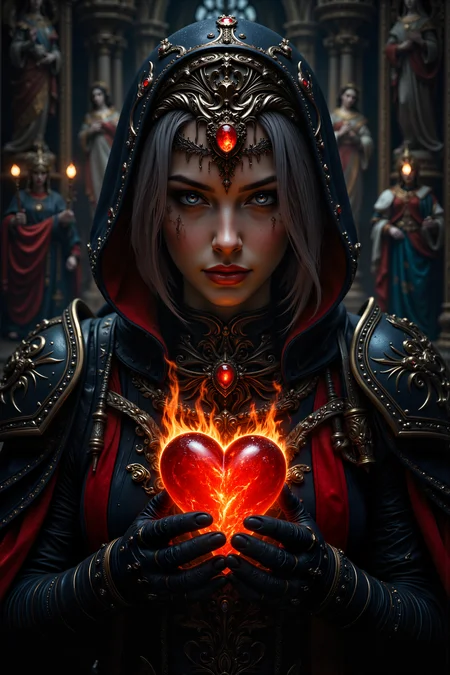A hyper-realistic portrait, photorealistic photo close-up image of A close-up portrait of a middle-aged female Imperial Inquisitor with short, graying hair and weathered, pale skin, her sharp features hardened by years of service. Sheâs in a dimly lit, gothic cathedral, surrounded by towering statues of saints and angels, holding a strange, burning red relic in her gloved hands. Her black armor is adorned with gold trim and purity seals, and a blood-red sash is draped across her chest, signifying her rank and authority. A simple, iron circlet rests on her head, with a single, glowing red gem embedded in the center. The relic in her hands is shaped like a burning heart, its flames flickering and casting eerie shadows across her stern face. Her gray eyes are locked on the relic, filled with both reverence and determination as she contemplates the power it holds. The cathedral around her is silent, the air heavy with the scent of incense and the weight of history. Her expression is one of unwavering faith and resolve as she prepares to wield the relic in her eternal fight against the enemies of the Imperium. (photography, high-resolution, dynamic, energetic,hyper-realistic, dramatic lighting, shallow depth of field.), detailmaximizer, MythP0rt<lora:midjourney_whisper_flux_lora_v01:0.55><lora:aidmaMJ6.1-FLUX-V0.1:0.4><lora:FluxMythP0rtr4itStyle:0.4><lora:detailed_flux_ntc:2.2><lora:aidmaImageUpgrader-FLUX-V0.1:0.65>
